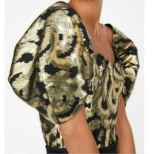 Zara Gold Lamé Puff Sleeve Corset Crop Top